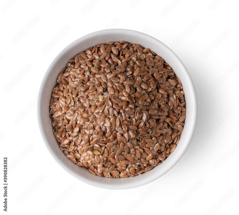 flax seeds in white bowl on white background flax seeds in white bowl on white background