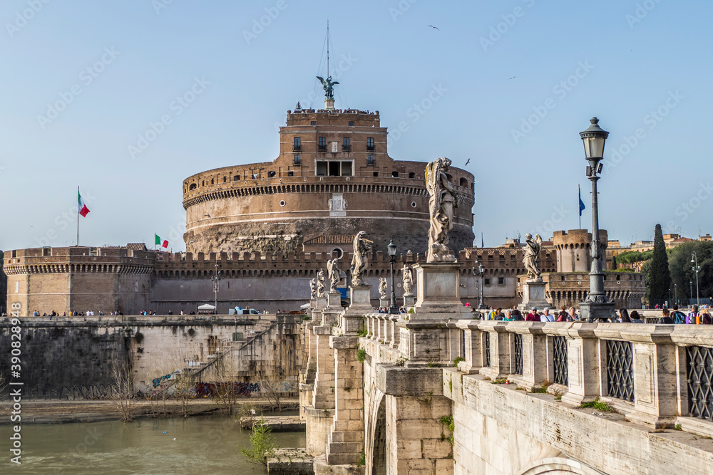 The Tevere River with Castle Sant'Angelo in background at sunset The Tevere River with Castle Sant'Angelo in background at sunset