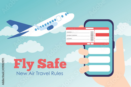 fly safe campaign lettering poster with ticket flight in smartphone and airplane flying