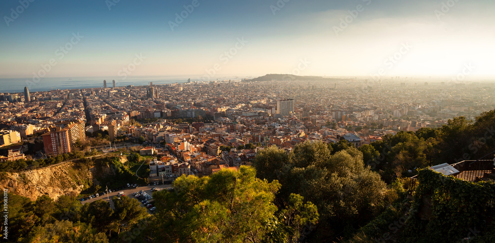 Panorama sunset over Barcelona from Bunkers del Carmel