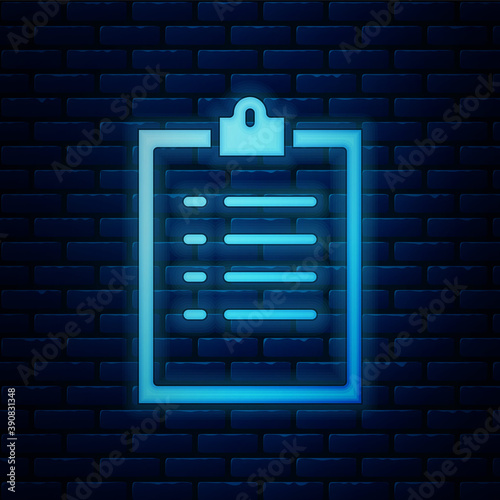 Glowing neon Clipboard with checklist icon isolated on brick wall background. Control list symbol. Survey poll or questionnaire feedback form. Vector Illustration.