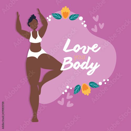 love your body lettering with afro woman and flowers perfectly imperfect