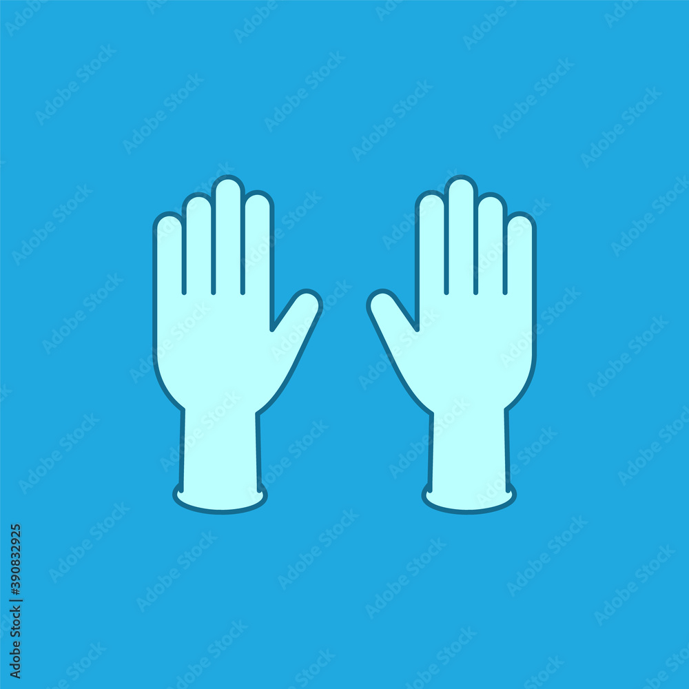 Protective medical gloves. Pair of rubber gloves. Latex gloves sign or symbol. Personal protection. Blue background. Fighting infectious disease COVID-19 equipment. Vector illustration, flat, clip art Protective medical gloves. Pair of rubber gloves. Latex gloves sign or symbol. Personal protection. Blue background. Fighting infectious disease COVID-19 equipment. Vector illustration, flat, clip art