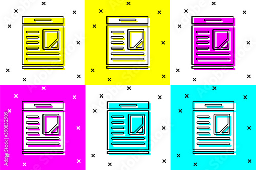 Set Newspaper advertisement displaying obituaries icon isolated on color background. Vector.