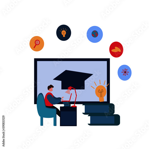 illustration of a boy doing online learning, teenager, online class, go to school