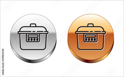 Black line Slow cooker icon isolated on white background. Electric pan. Silver-gold circle button. Vector.