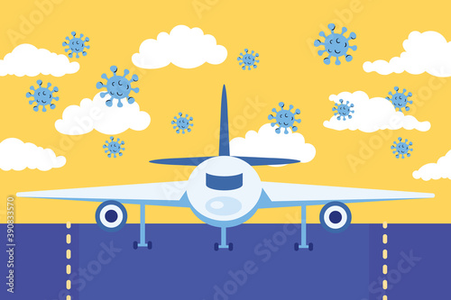 travel safe campaign poster with airplane and covid19 particles