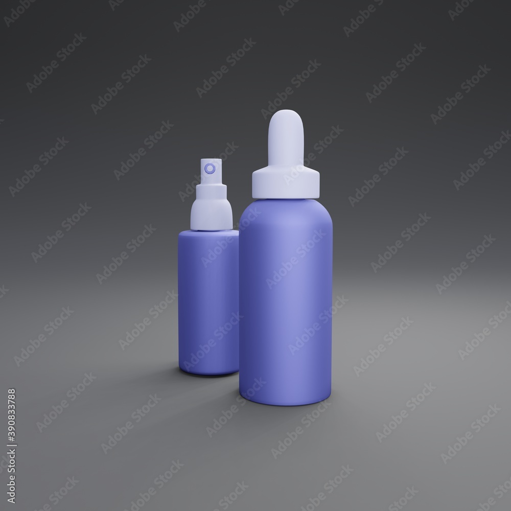 Indigo cosmetic bottles on a dark background. Modern cover design. 3d illustration. Indigo cosmetic bottles on a dark background. Modern cover design. 3d illustration.