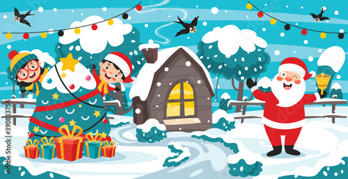 Christmas Greeting Card Design With Cartoon Characters