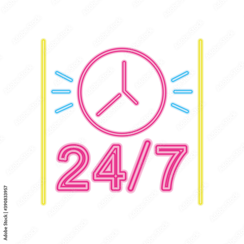 24 hours neon sign and clock icon, colorful design 24 hours neon sign and clock icon, colorful design