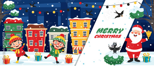 Christmas Greeting Card Design With Cartoon Characters