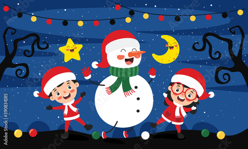 Christmas Greeting Card Design With Cartoon Characters