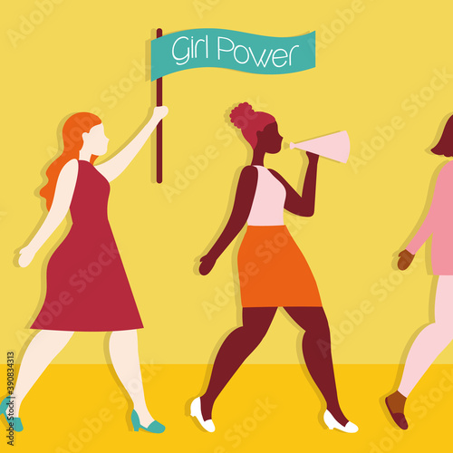 power girl poster with interracial girls protesting with flag