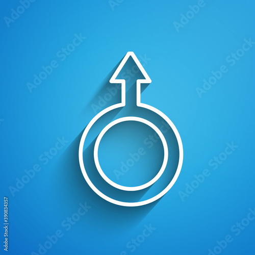 White line Male gender symbol icon isolated on blue background. Long shadow. Vector.