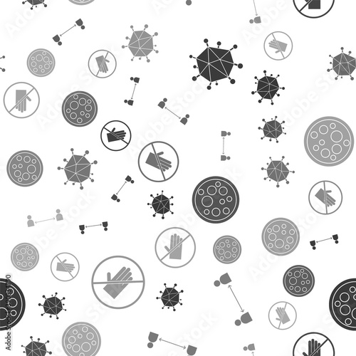 Set Virus, Safe distance, Virus and No handshake on seamless pattern. Vector.
