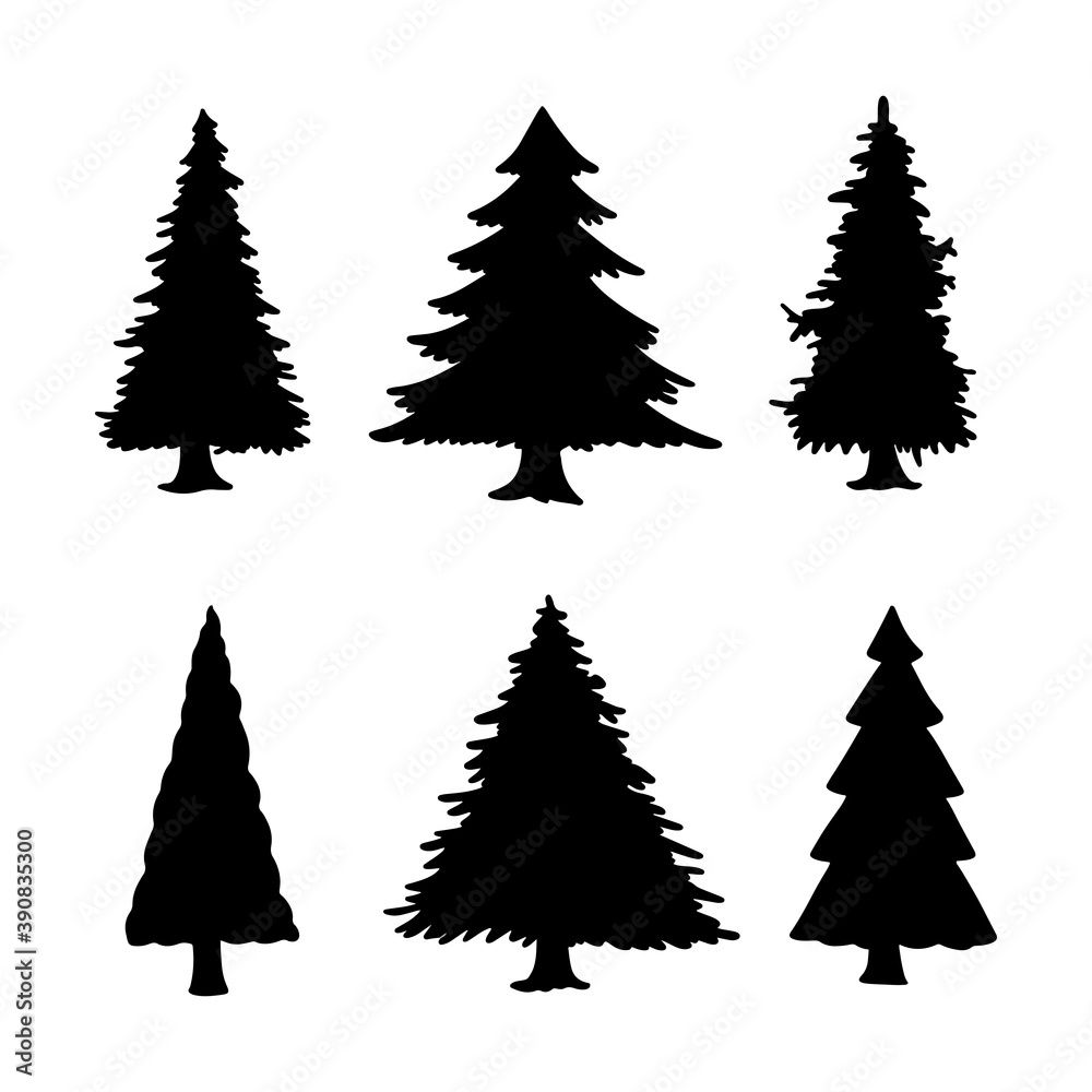 Isolated Pine on the white background.Pine silhouettes. Tree hand drawn.Vector EPS 10. Isolated Pine on the white background.Pine silhouettes. Tree hand drawn.Vector EPS 10.