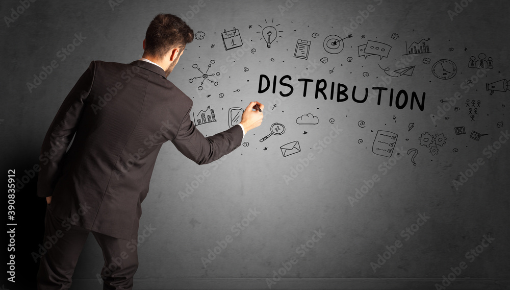 businessman drawing a creative idea sketch with DISTRIBUTION inscription, business strategy concept businessman drawing a creative idea sketch with DISTRIBUTION inscription, business strategy concept