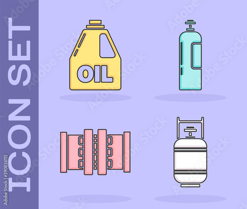 Set Propane gas tank, Canister for motor machine oil, Industry metallic pipes and valve and Industrial gas cylinder tank icon. Vector.