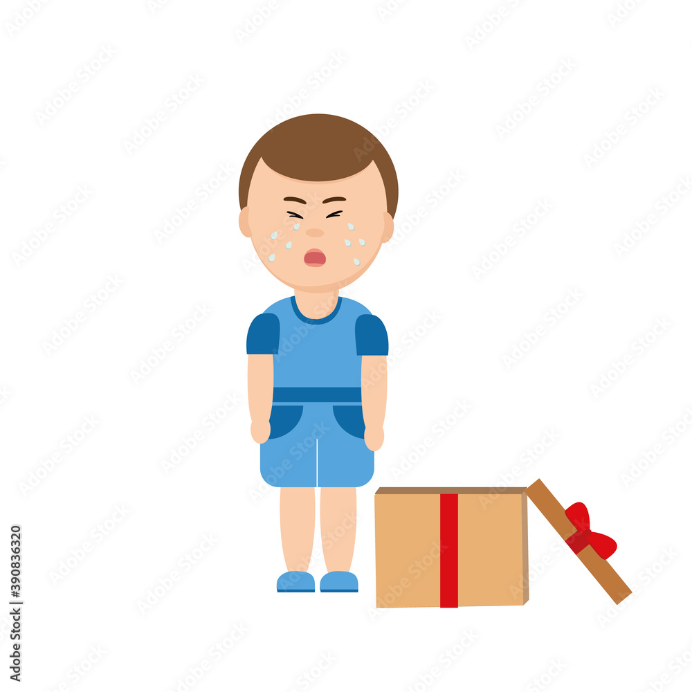 boy crying and opened box with ribbon. the child does not like the gift. vector flat. banner. ruined the holiday boy crying and opened box with ribbon. the child does not like the gift. vector flat. banner. ruined the holiday