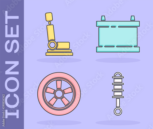 Set Shock absorber, Car seat, Car wheel and Car battery icon. Vector.