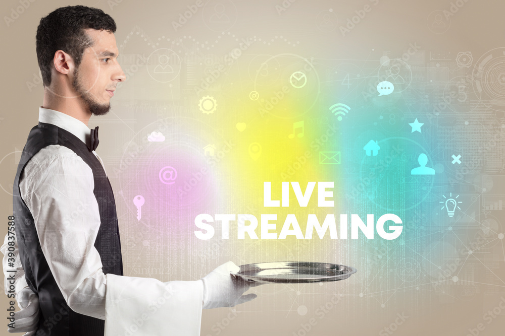 Waiter serving social networking with LIVE STREAMING inscription, new media concept Waiter serving social networking with LIVE STREAMING inscription, new media concept