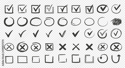 Hand drawn check signs. Doodle checkmarks and crosses. Empty and filled boxes for answers in test, confirmation or negation icons. Checklist pencil marks template, vector voting isolated flat set photo