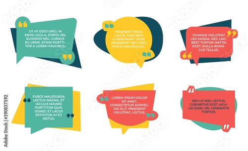 Quotation box. Quote colorful shapes, speech bubbles with place for text. Frame for comments, round and square forms with copy space. Red, yellow and green boxes for lettering, vector isolated set