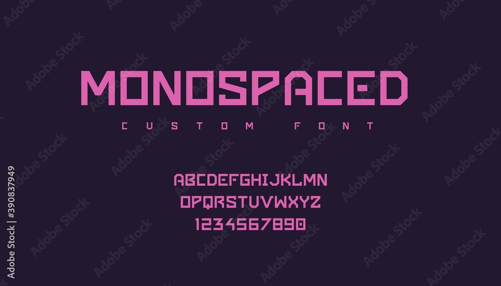 Futuristic font. Minimalist monospace geometric pink typeface with uppercase text symbols and numbers for trendy logo, emblem or poster headers. Vector modern lettering and calligraphy template