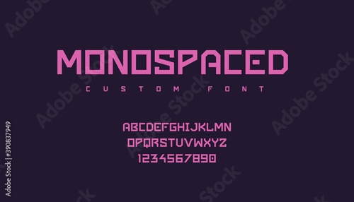 Futuristic font. Minimalist monospace geometric pink typeface with uppercase text symbols and numbers for trendy logo, emblem or poster headers. Vector modern lettering and calligraphy template