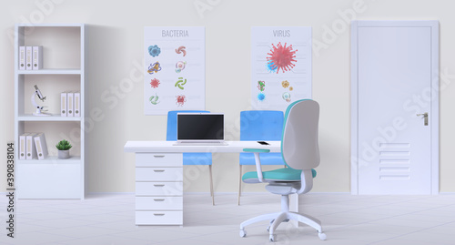 Doctor office interior. Realistic 3D empty clinic cabinet with work desk, computer, room furniture and medical posters on wall. Physician consultation workspace, vector health care illustration