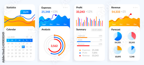 Mobile charts UI. Phone screen with dashboard analytics, modern diagrams and bars with stock statistics and forecasts. Financial statement schemas for presentation, vector smartphone report templates