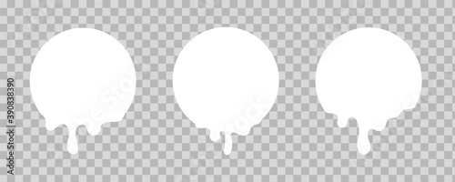 Melted white sticker. Circles with drips of paint on transparent background. Round badges design mockup, place for merchandise logo and company emblem. Vector dairy products templates isolated set