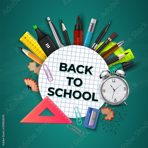 Back to school lettering. Phrase in yellow notebook square frame, hand drawn school supplies, flat cartoon vector isolated illustration for discount labels flyers and shopping, banner or poster photo