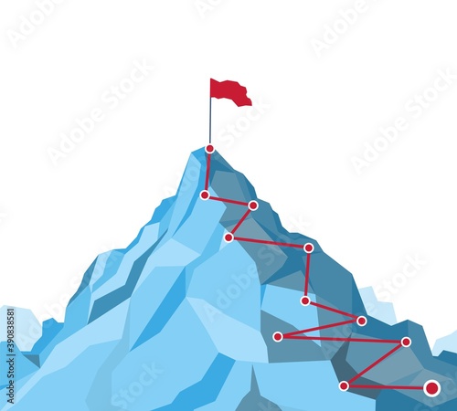Career growth concept. Mountain route to peak infographic, business success, trekking or hiking outdoor activities, road to goal, victory and winning concept, flat vector isolated illustration
