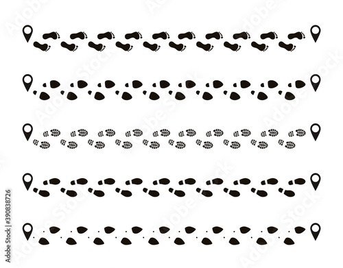 Footprint tracks. Human footsteps black silhouettes and location marks. Traces of bare feet and shoes trails for men and women. Navigation online service, sport achievement application, vector set