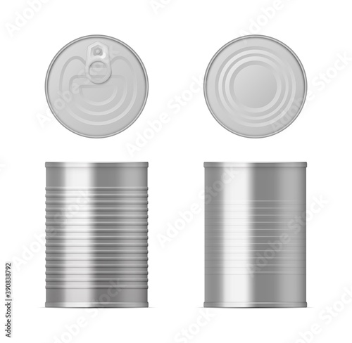 Metal tin can. 3D realistic blank pack for brand identity. Container for conserve fish and meal or fruit and vegetable food. Empty recycling metallic jar template. Vector merchandise isolated set