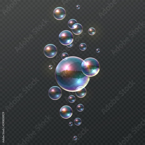 Soap bubble. Realistic colorful shampoo ball, iridescent colorful cloud of big and little soapy round rainbow balls, bright blowing bath foam vector isolated on transparent background illustration