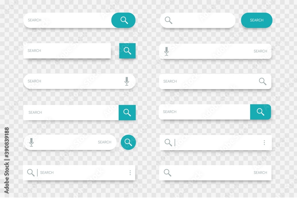Search bar. Collection of input lines with find buttons, magnifier and microphone icons. Browser interface option, web site or mobile application element on transparent background. Vector template set