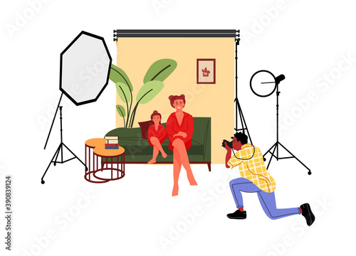 Family photo in studio. Cartoon mother and daughter posing for photo shoot, man photographs. Professional camera, light equipment and reflector. Photography filters application, vector illustration