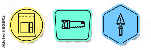 Set line Cement bag, Hand saw and Trowel. Colored shapes. Vector.