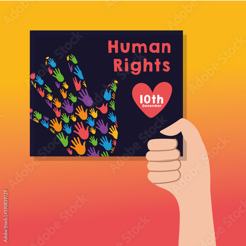human rights campaign lettering with hand lifting banner and hands print colors
