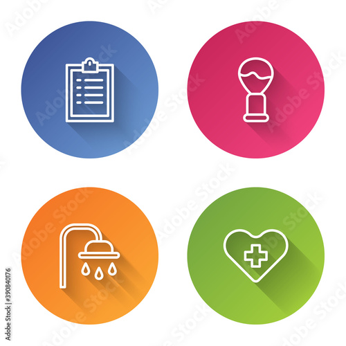 Set line Clipboard with checklist, Shaving brush, Shower head and Heart cross. Color circle button. Vector.