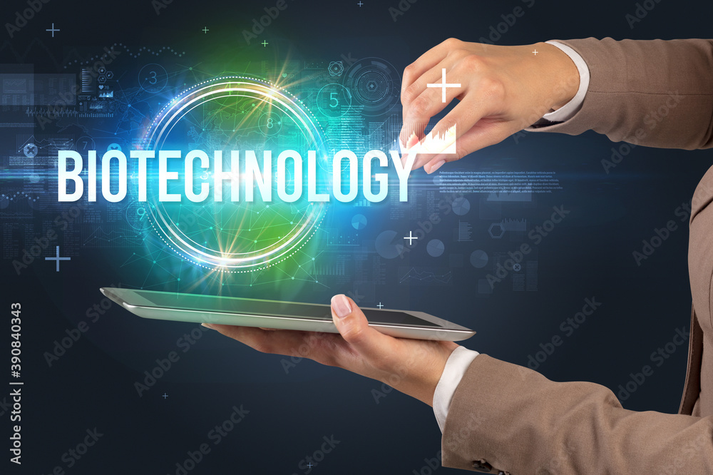 Close-up of a touchscreen with BIOTECHNOLOGY inscription, new technology concept Close-up of a touchscreen with BIOTECHNOLOGY inscription, new technology concept