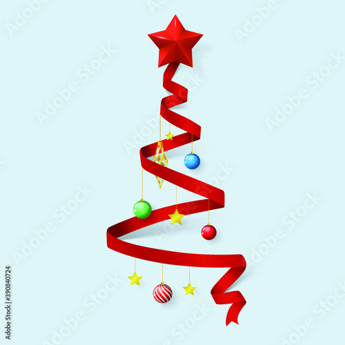 Christmas tree by red ribbons. Merry christmas elements