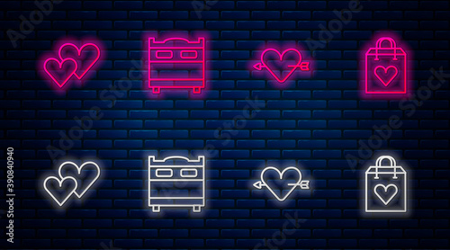 Set line Bedroom, Amour with heart and arrow, Heart and Shopping bag. Glowing neon icon on brick wall. Vector.
