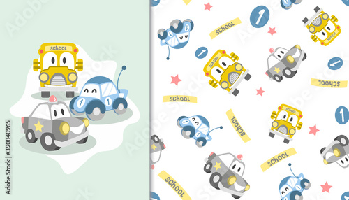 Seamless pattern with school bus, police car, and race car character. Vector Illustration.