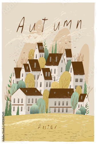 Vector illustration. Autumn landscape, small European town. Background image, postcard, poster.