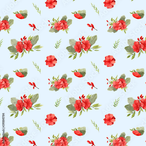 Red Flowers Bouquet watercolor illustration. Floral seamless pattern on a blue background. Cute elegant wallpaper for celebrations and holidays. Scrapbook decorative clip art. 