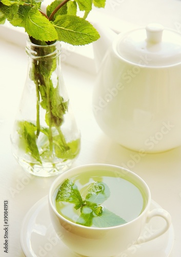 Fresh green mint in a glass of water and in a white cup in the summer by the window.