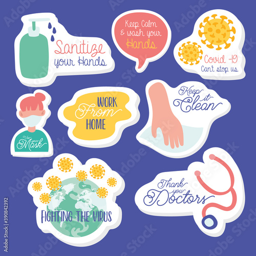 set of campaigns letterings and icons in purple background